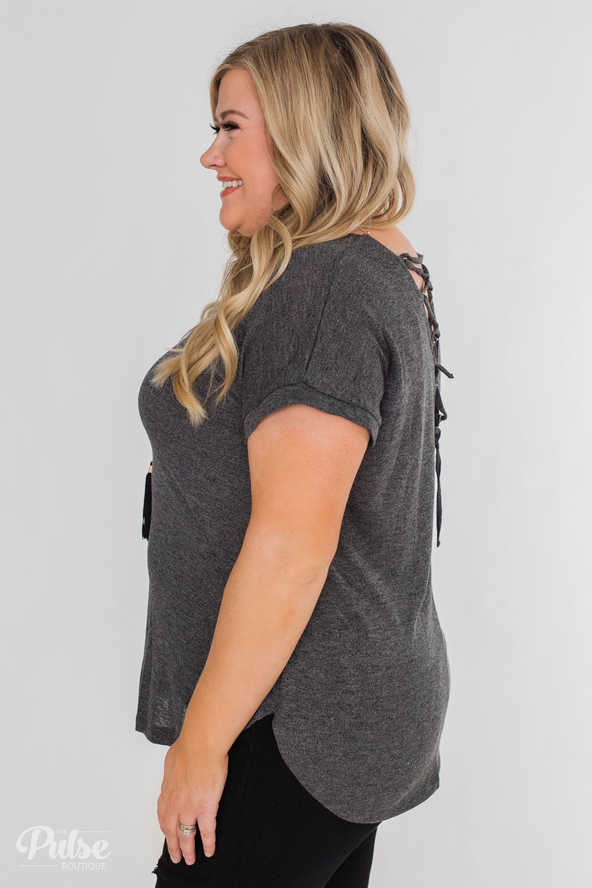Crossing Into Casual Lace Back Top- Charcoal