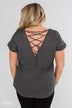 Crossing Into Casual Lace Back Top- Charcoal