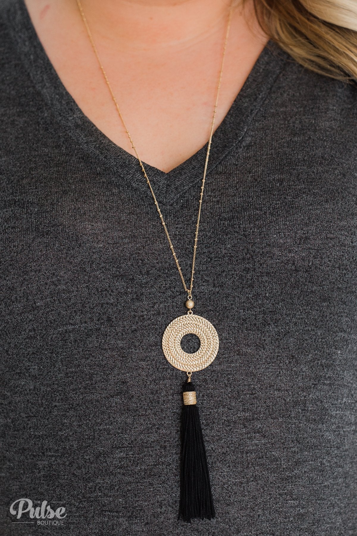 Gold Circle & Tassel Necklace- Black