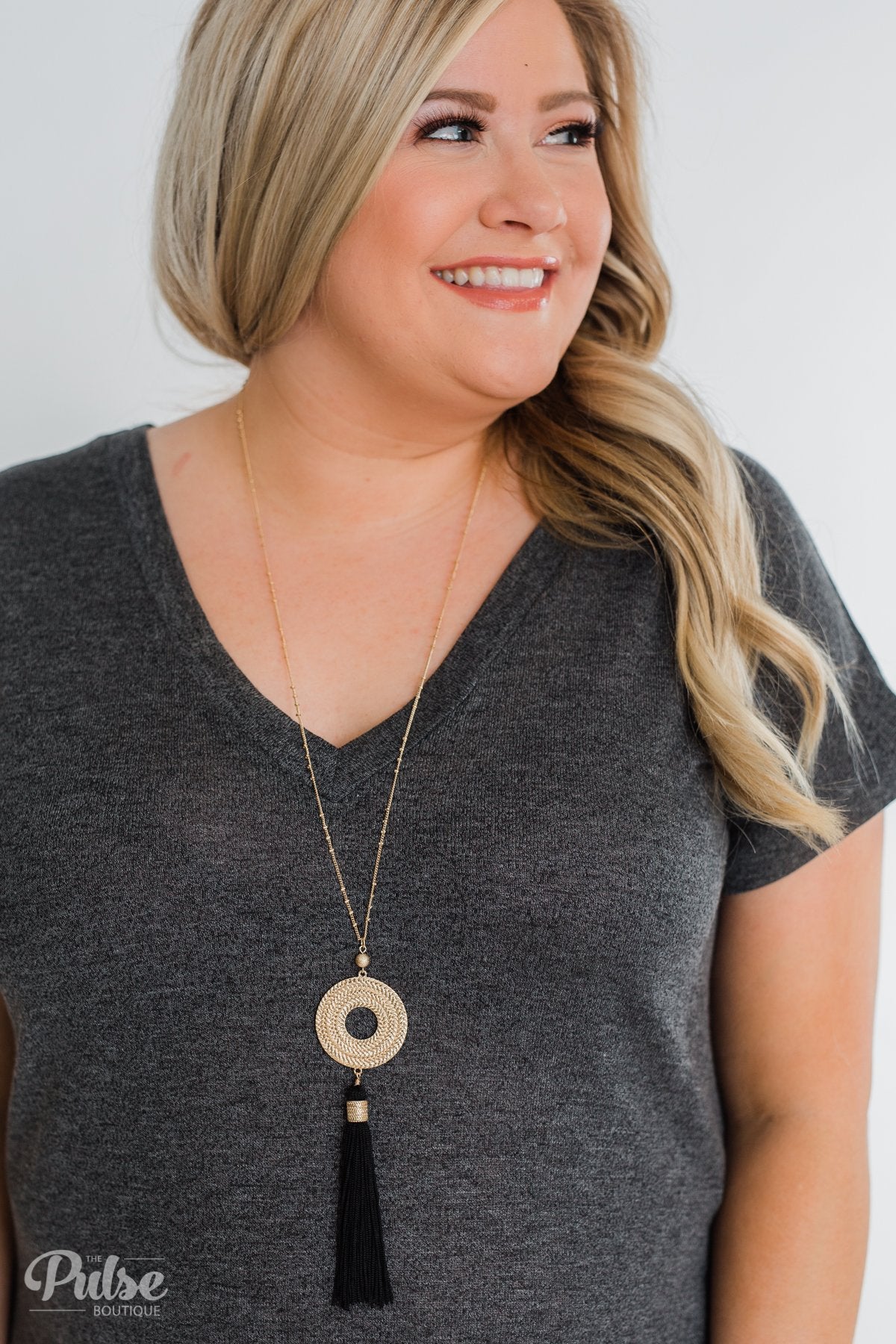 Gold Circle & Tassel Necklace- Black