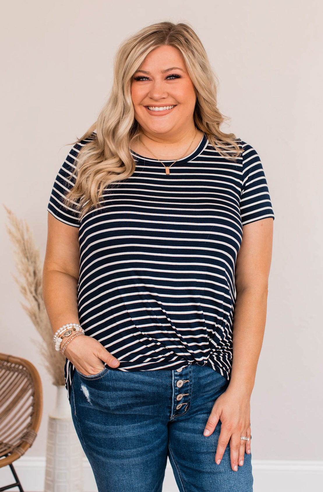 Penny For Your Thoughts Tie Front Top- Navy