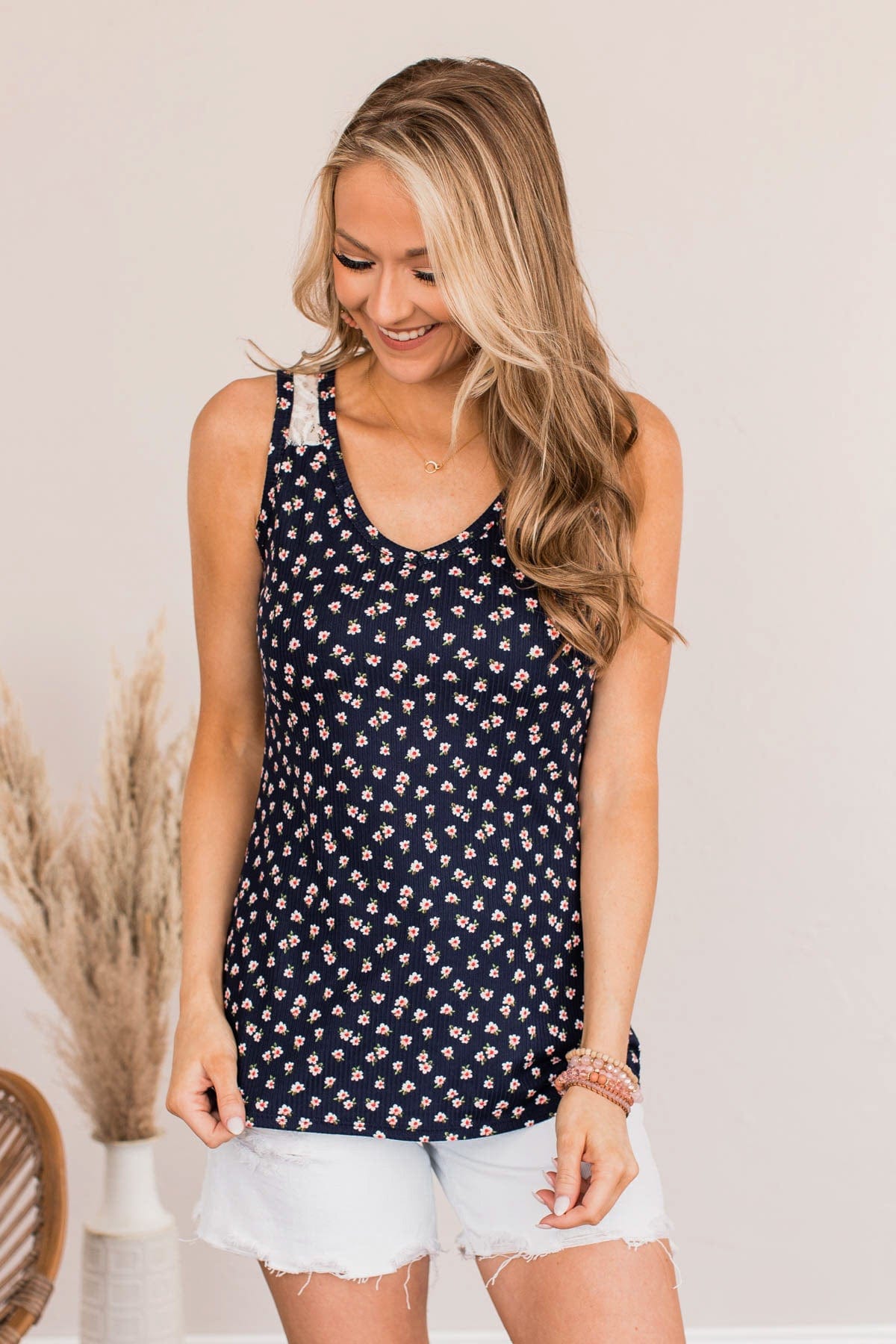 Together As One Floral Tank Top- Dark Blue