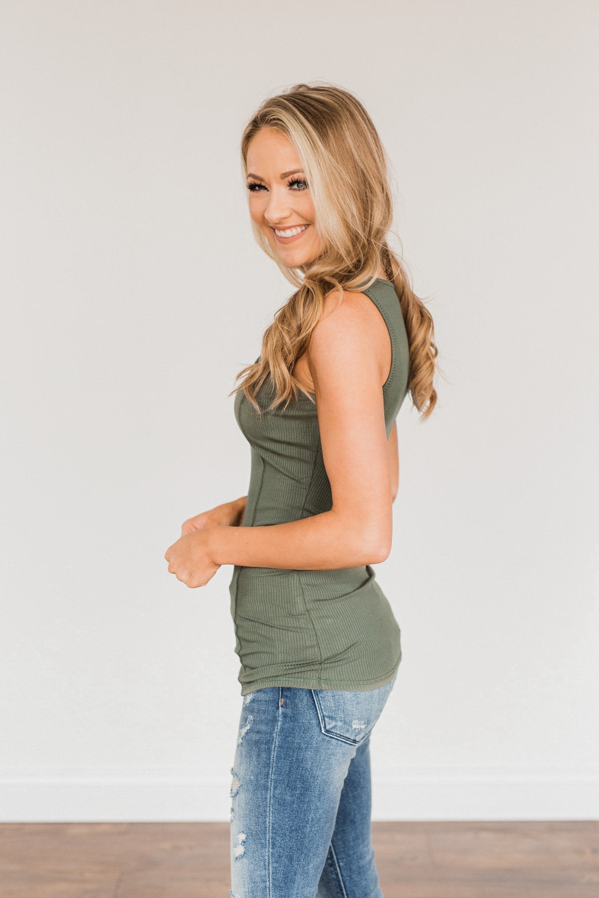 Dream Life Ribbed Button Tank Top- Olive