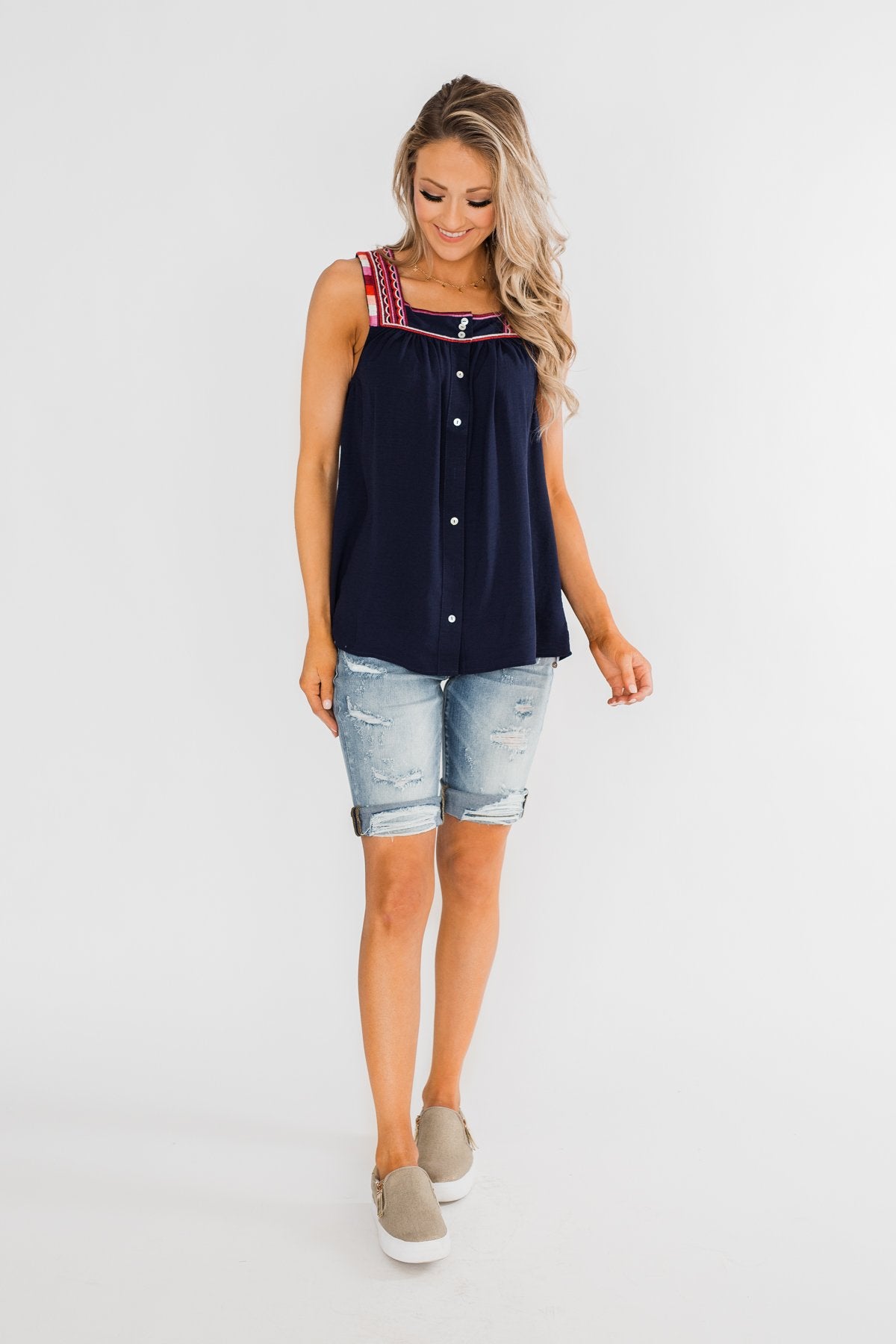 Familiar To You Wide Strap Tank Top- Navy