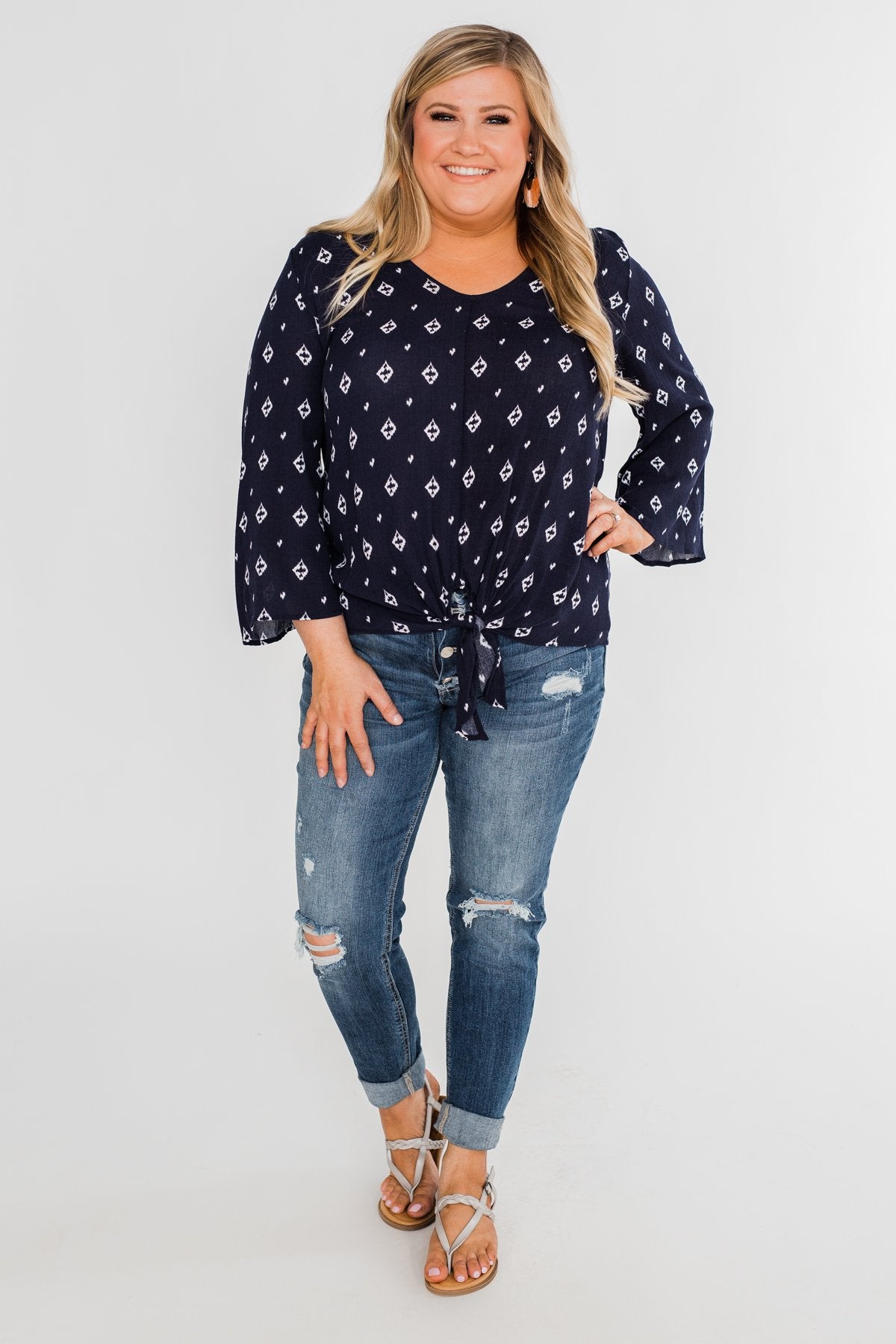 Something About You Printed Tie Blouse- Navy
