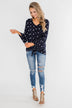 Something About You Printed Tie Blouse- Navy