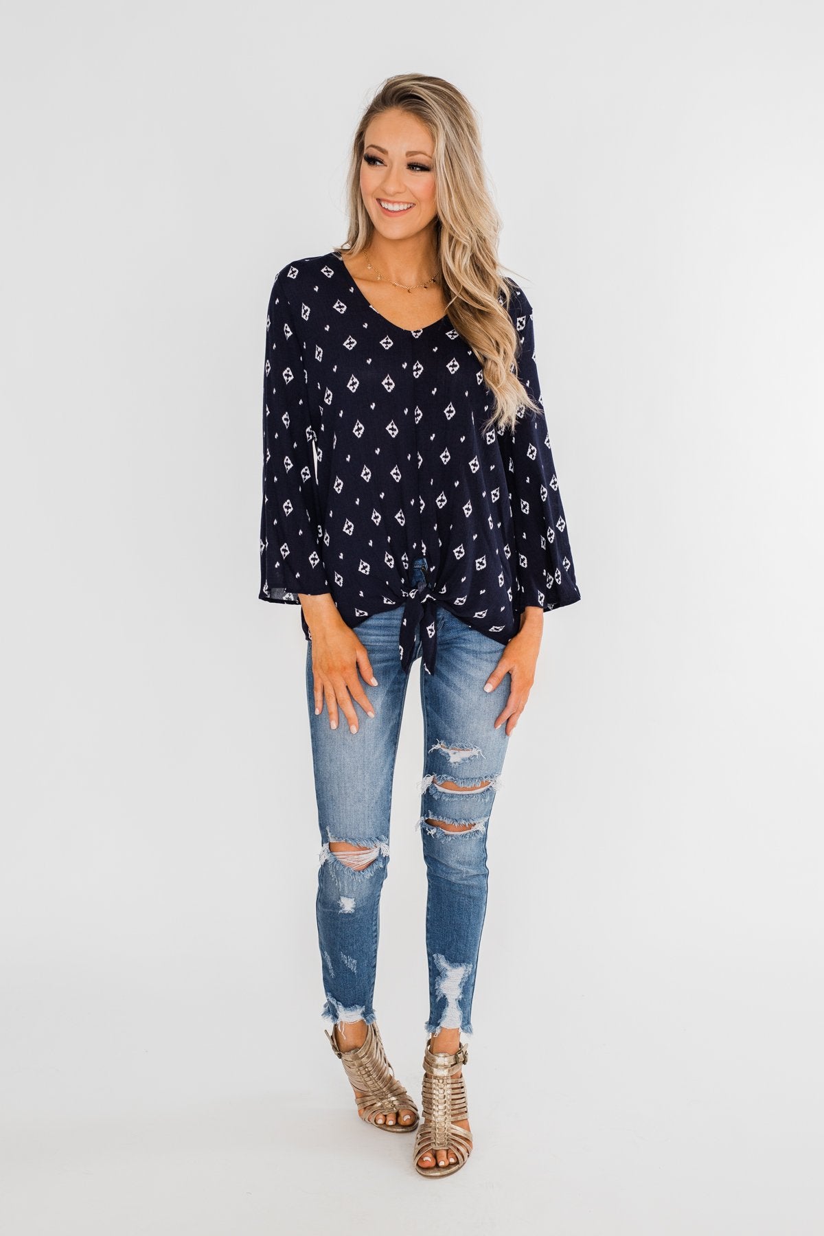 Something About You Printed Tie Blouse- Navy