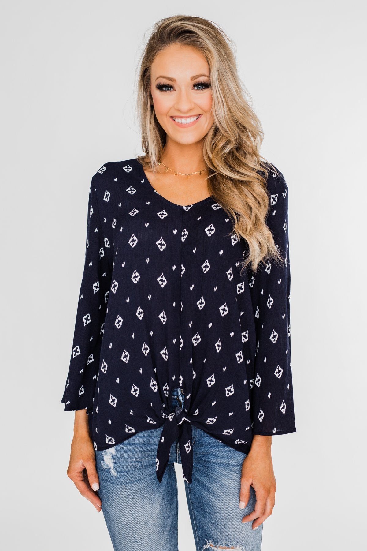Something About You Printed Tie Blouse- Navy