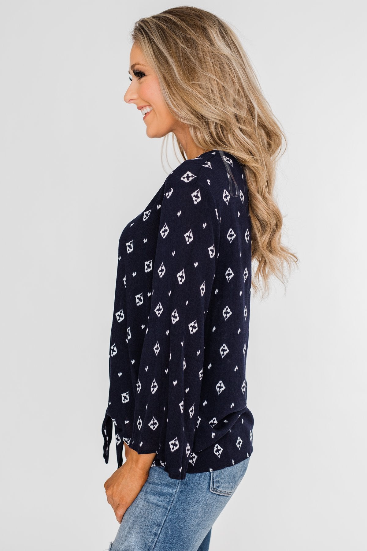 Something About You Printed Tie Blouse- Navy
