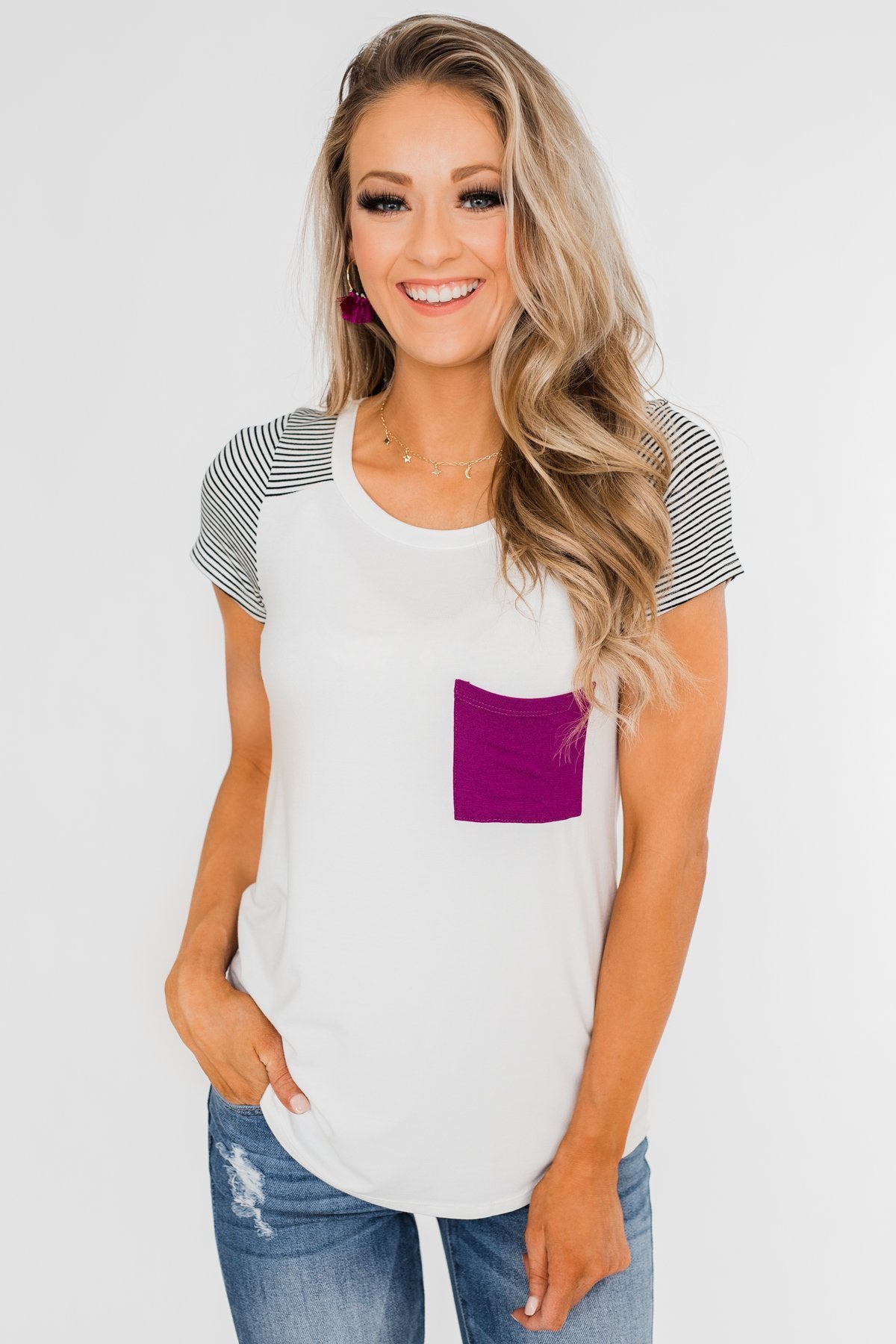 Take Me There Striped Sleeve Pocket Top- Magenta