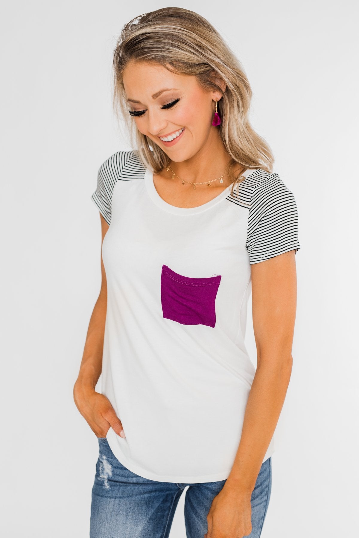Take Me There Striped Sleeve Pocket Top- Magenta