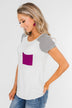 Take Me There Striped Sleeve Pocket Top- Magenta