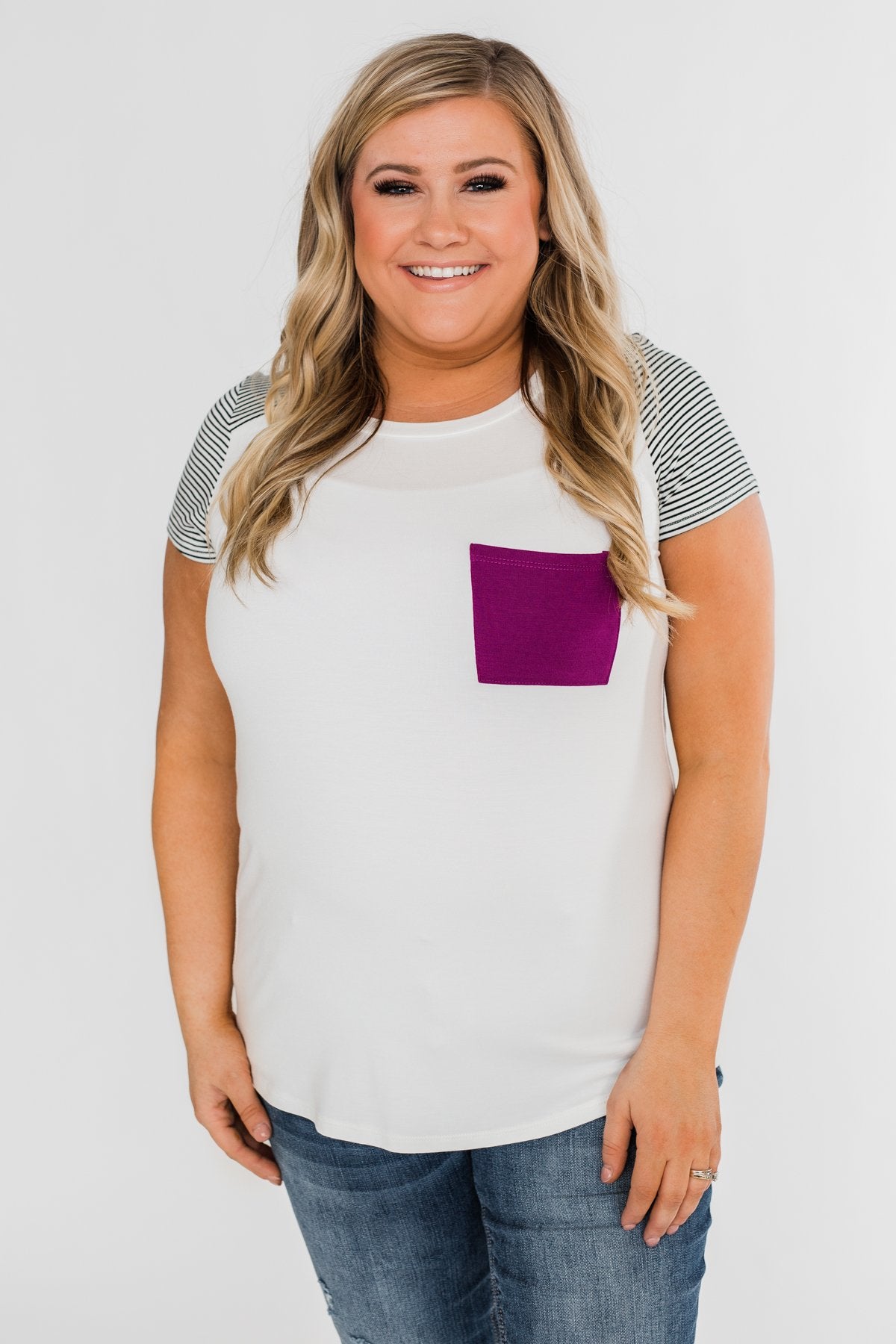 Take Me There Striped Sleeve Pocket Top- Magenta