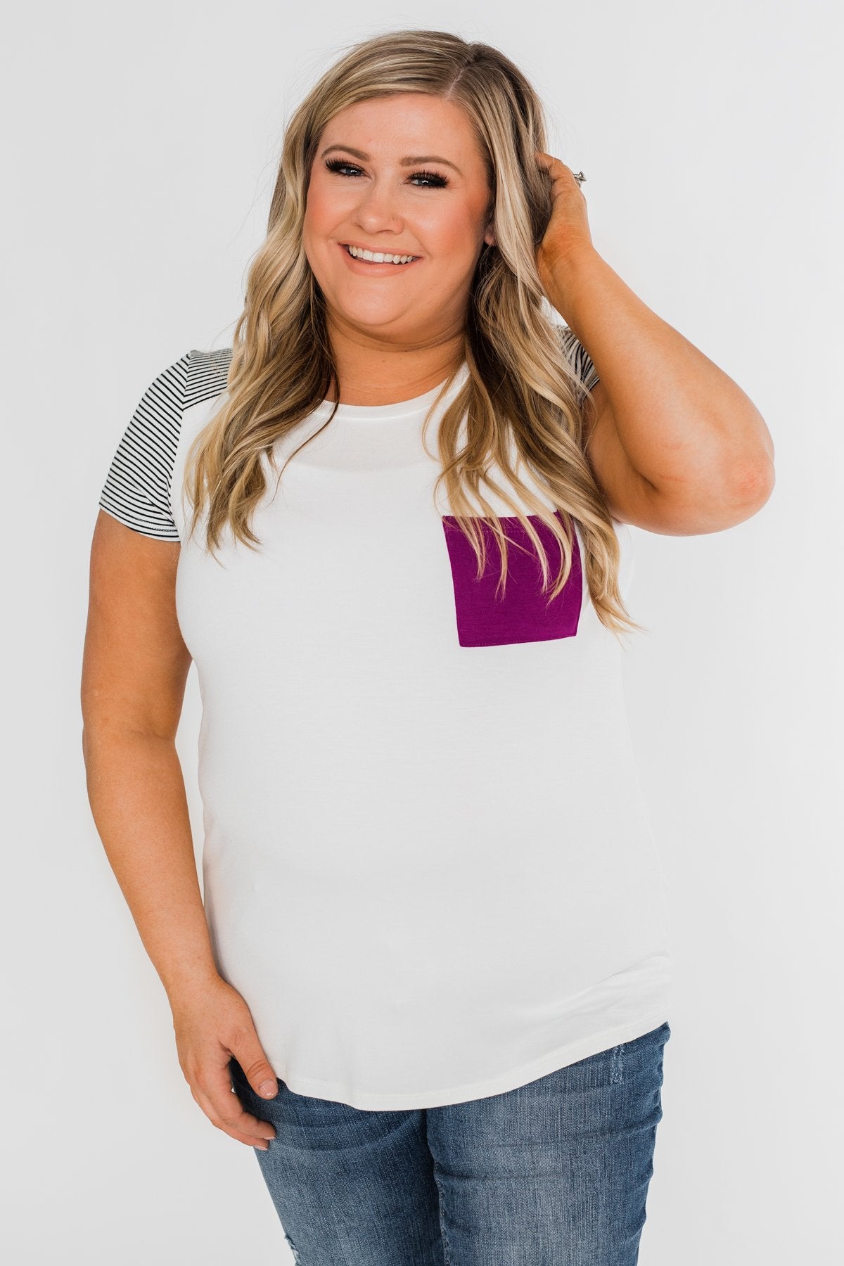 Take Me There Striped Sleeve Pocket Top- Magenta