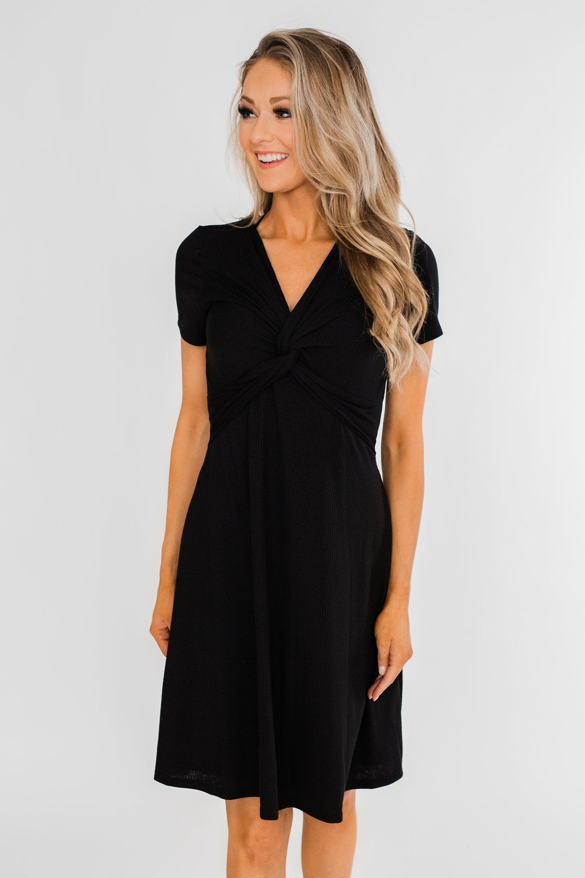 Tell Me More Front Knot Dress- Black Tell Me More Front Knot Dress- Black