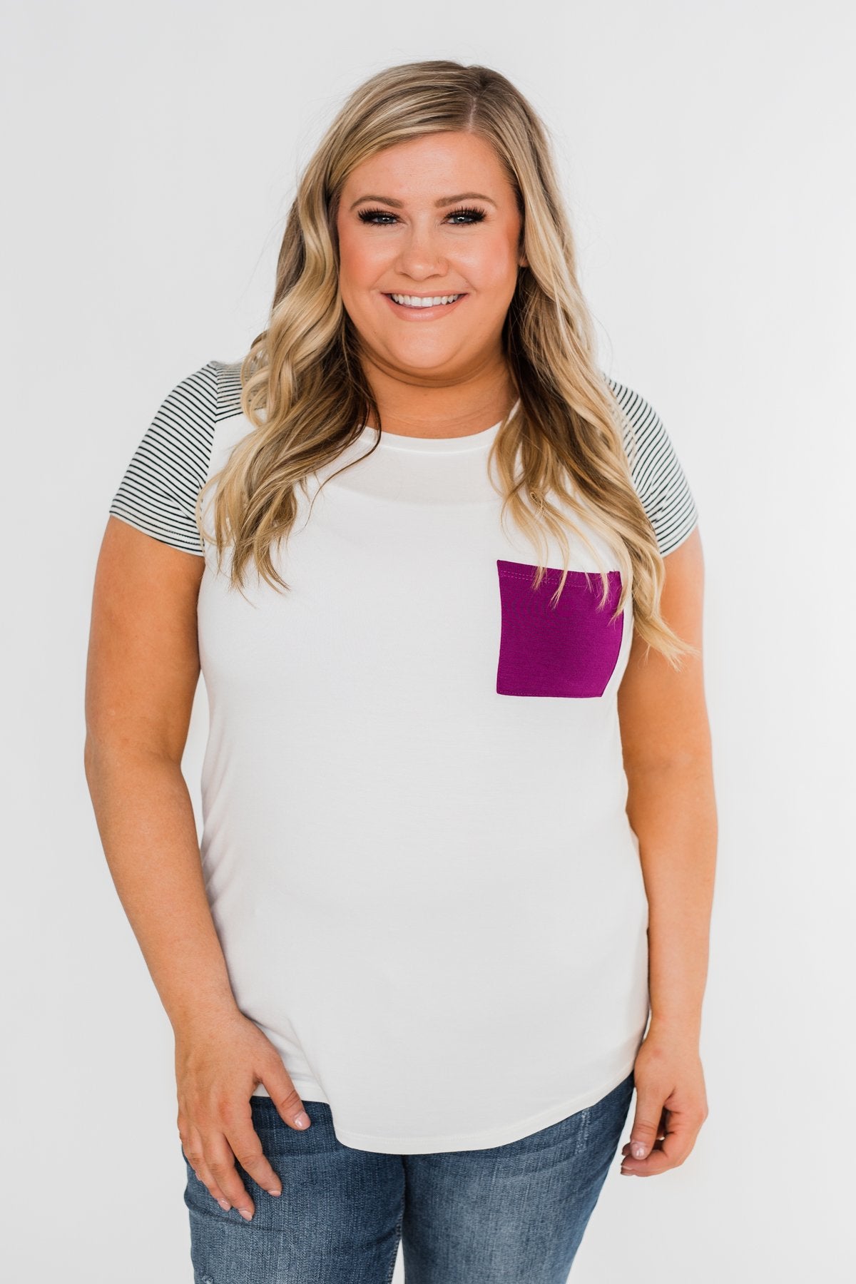 Take Me There Striped Sleeve Pocket Top- Magenta