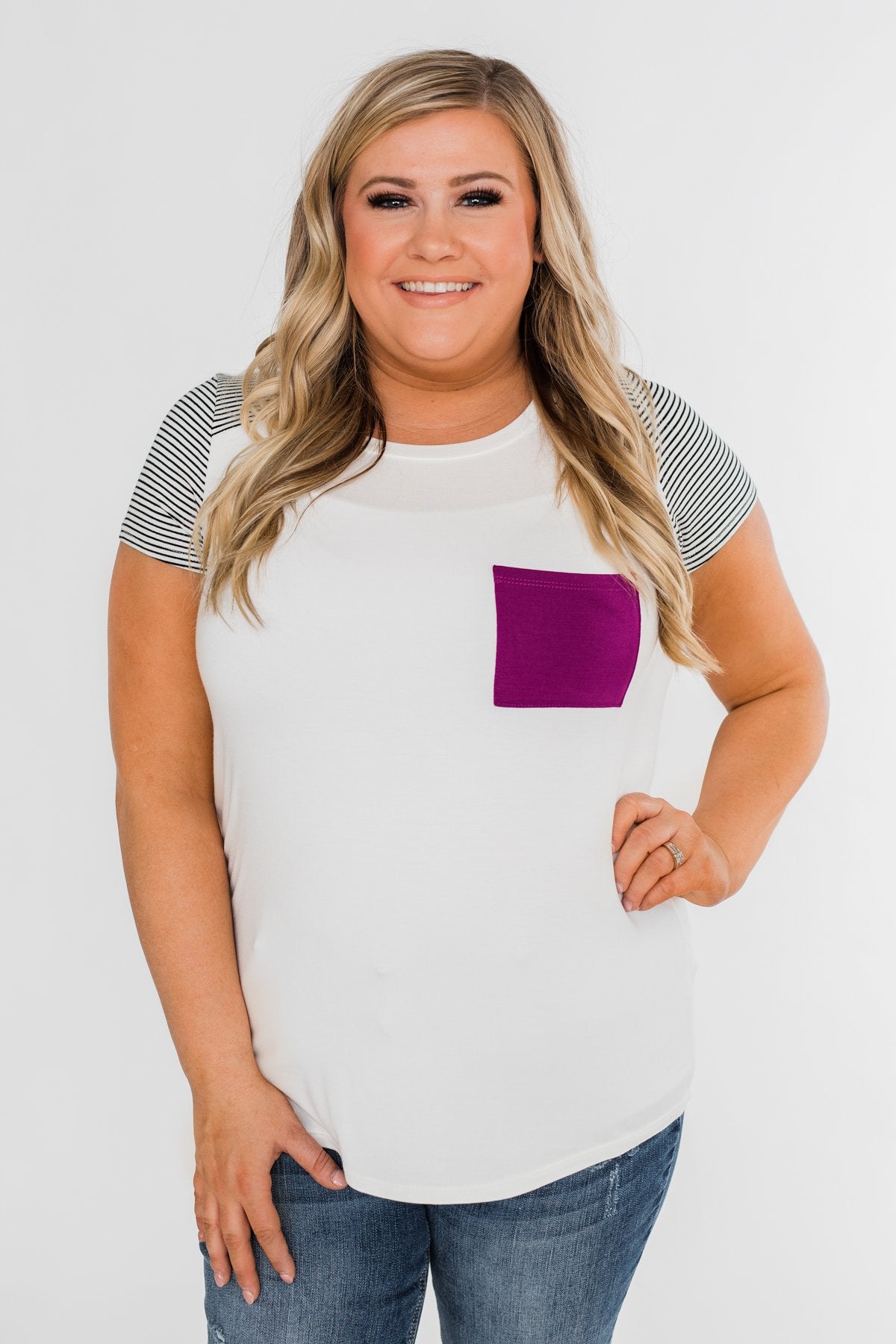 Take Me There Striped Sleeve Pocket Top- Magenta