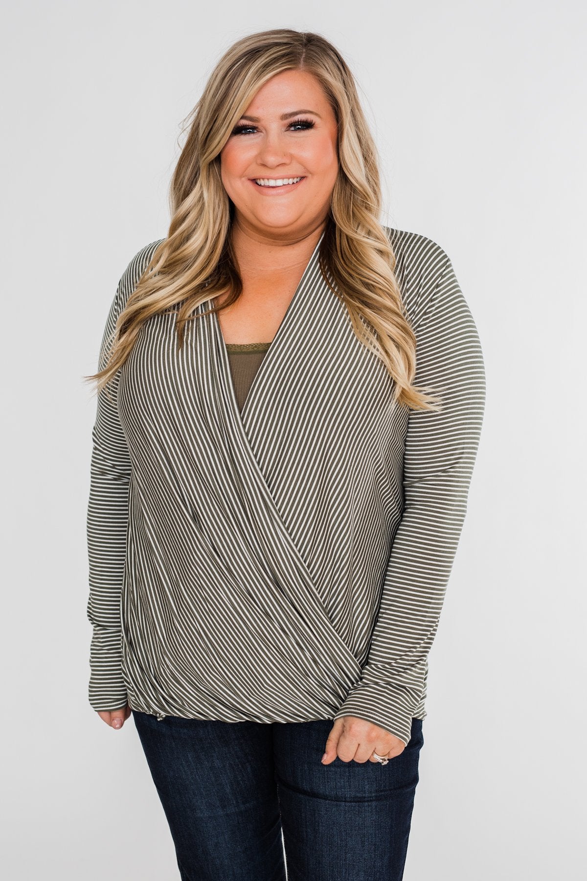 Keep It Going Long Sleeve Striped Wrap Top- Olive