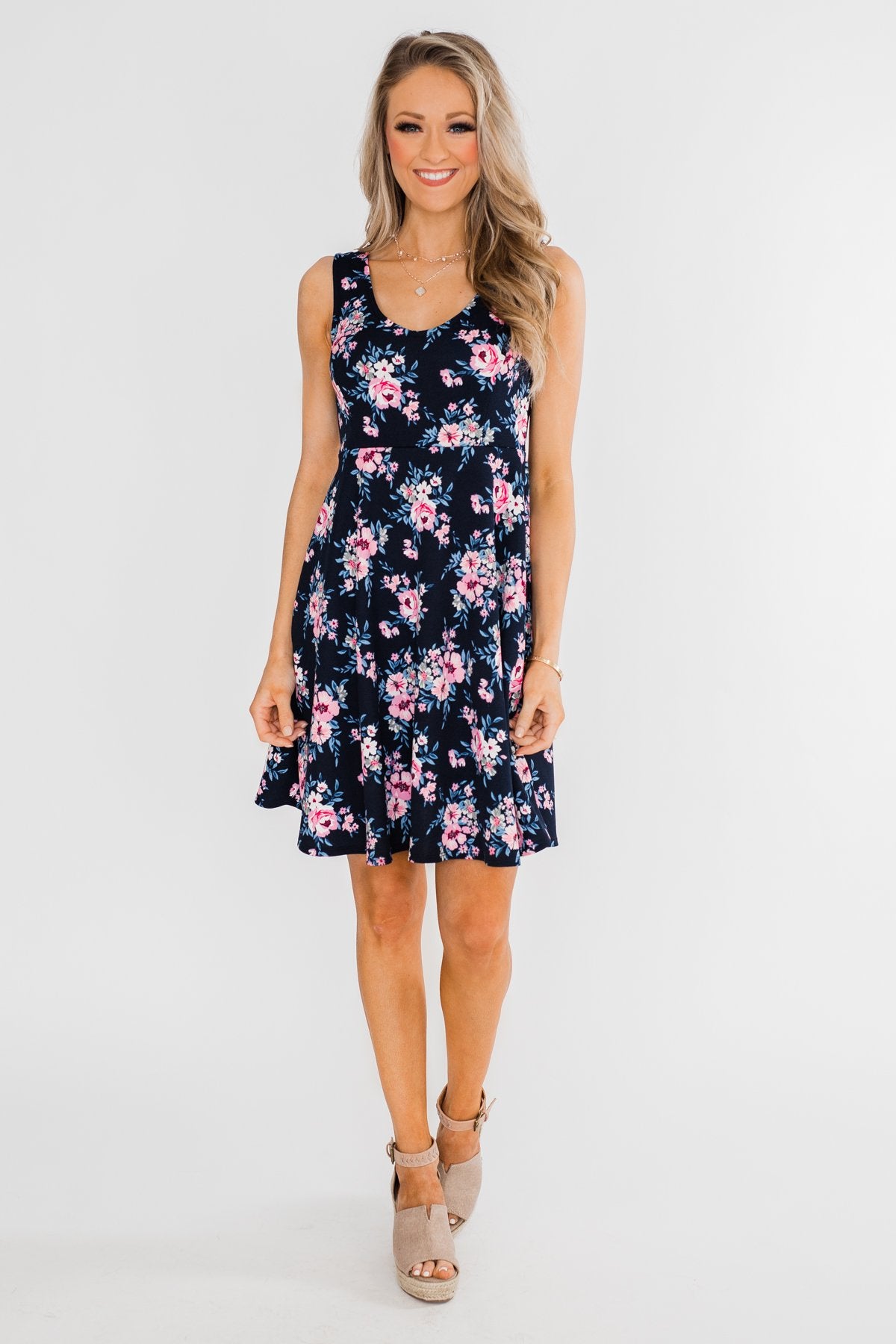 Enchanted Evening Floral Dress- Navy