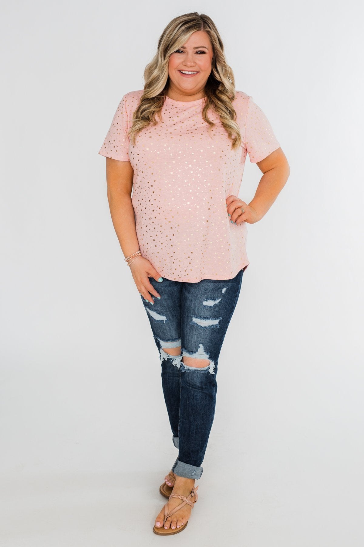 Made To Shine Short Sleeve Star Top- Pink & Gold