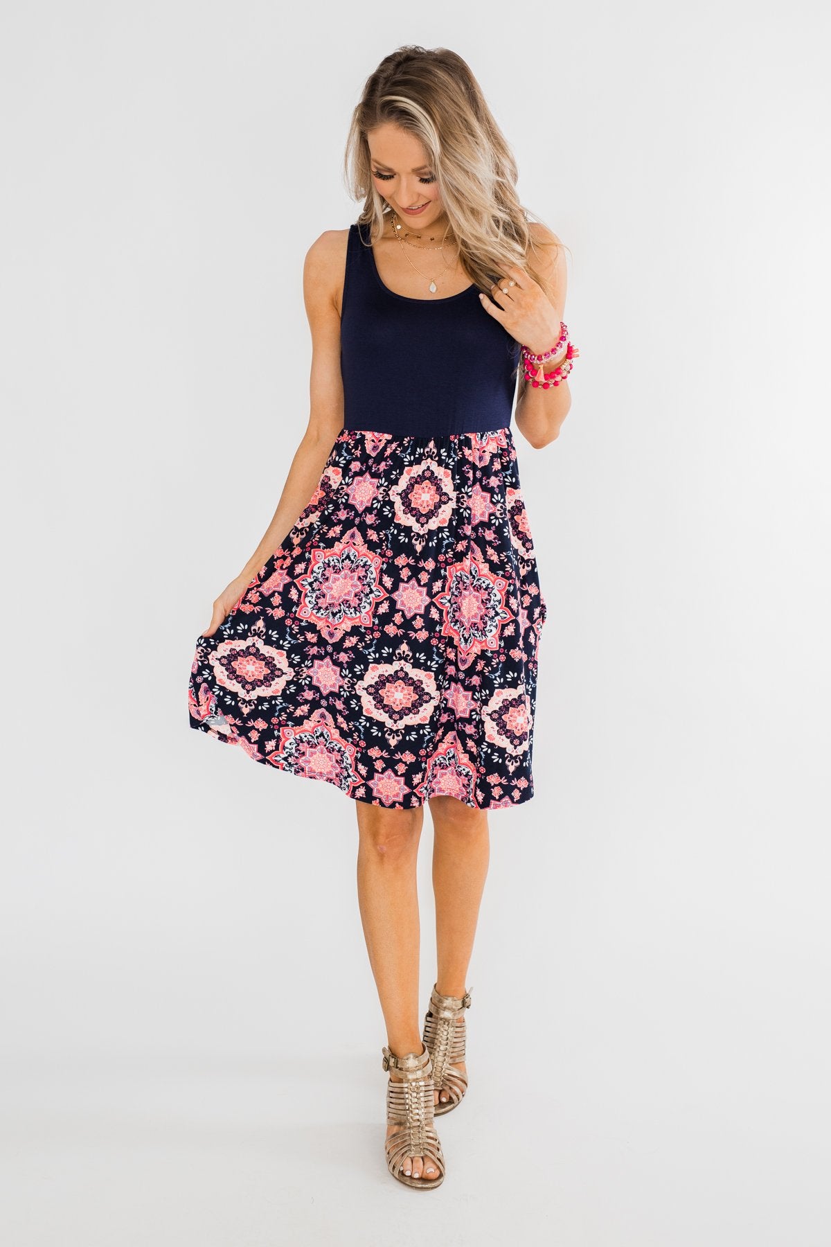Full of Excitement Printed Dress- Navy