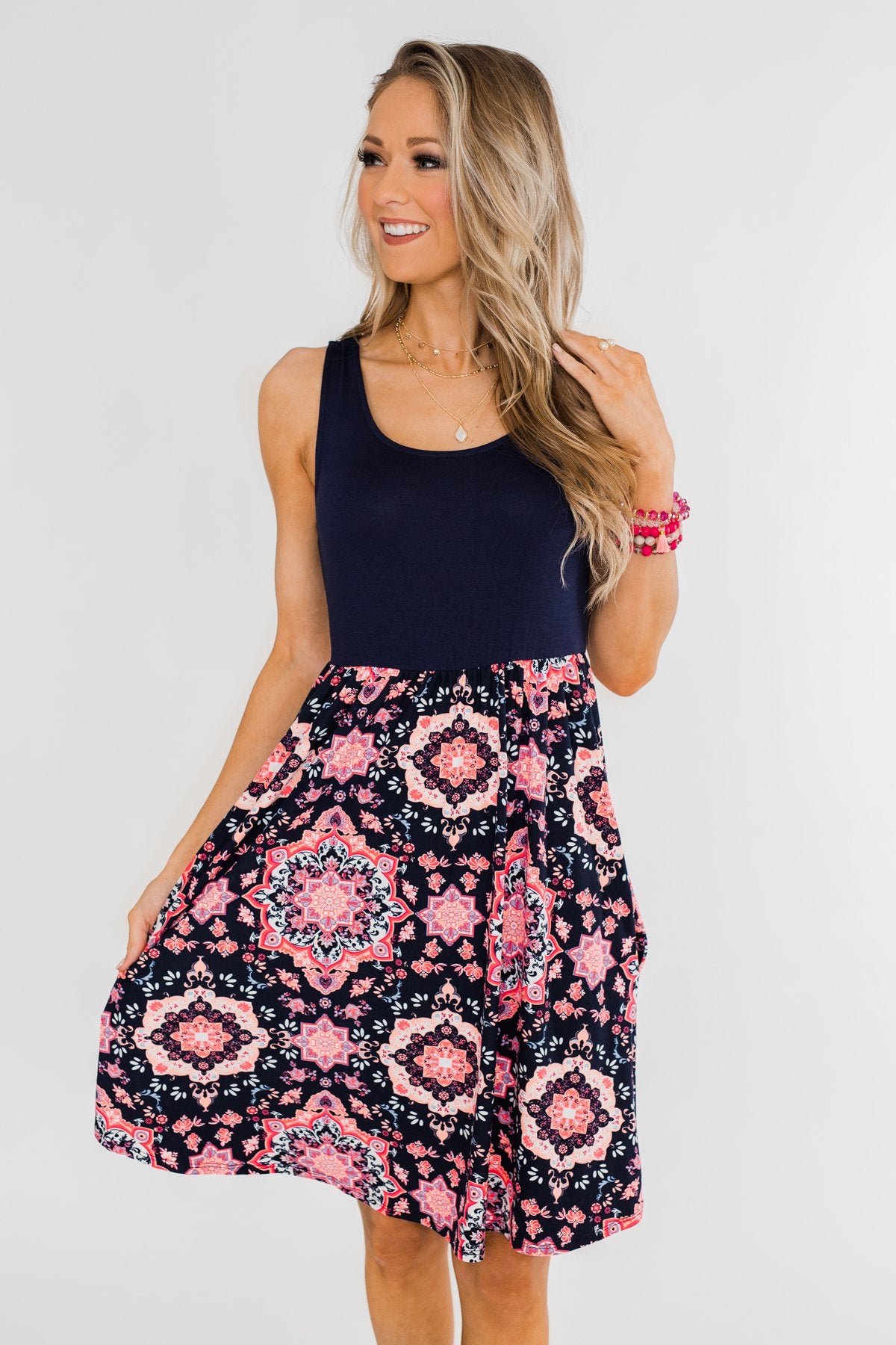 Full of Excitement Printed Dress- Navy
