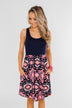 Full of Excitement Printed Dress- Navy