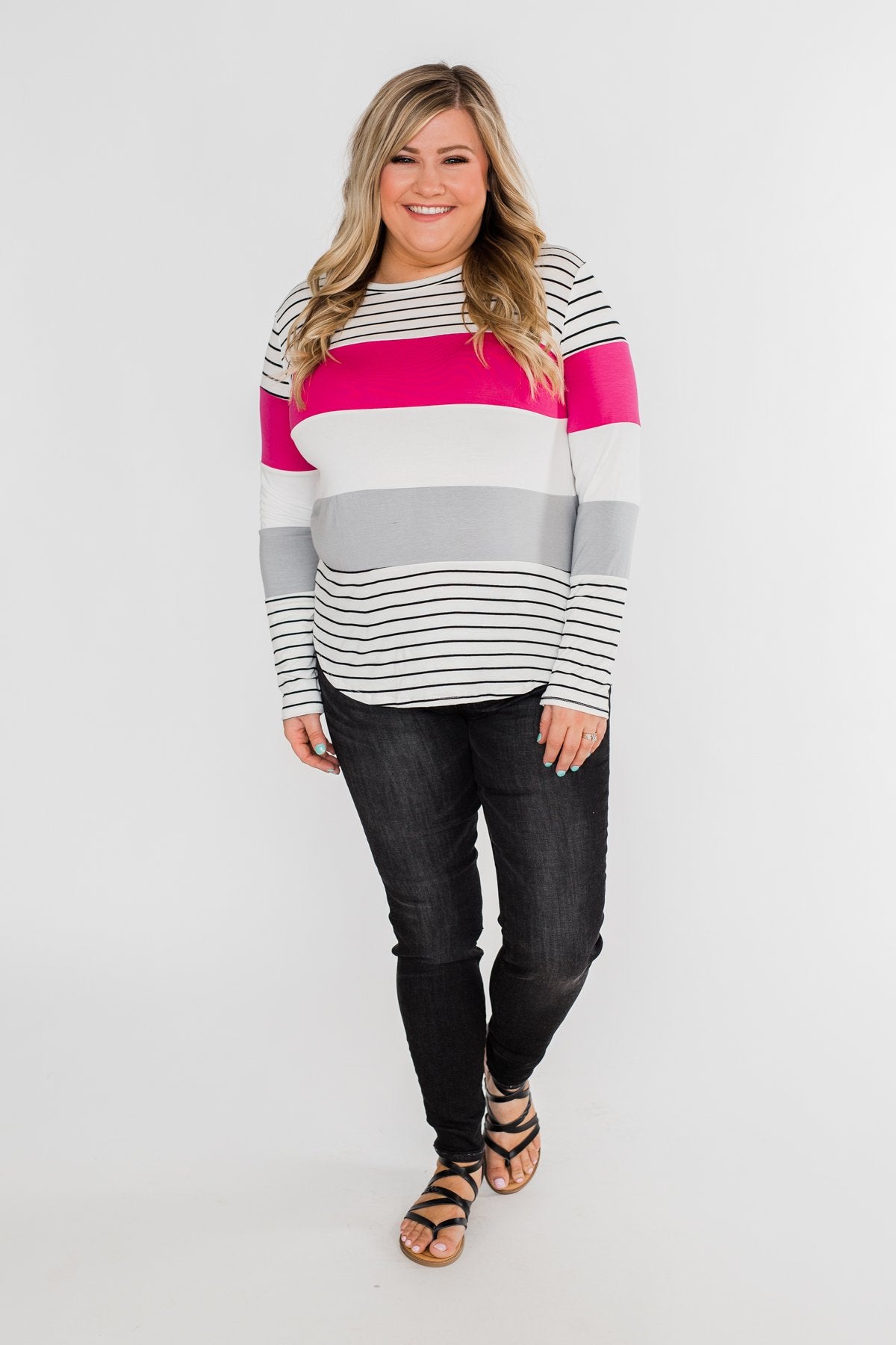 Take It Easy Striped Color Block Top- Fuchsia & Silver