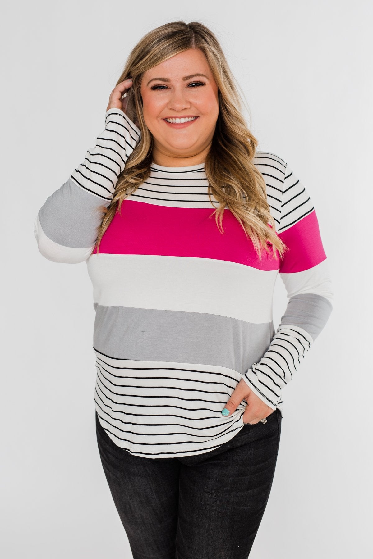Take It Easy Striped Color Block Top- Fuchsia & Silver