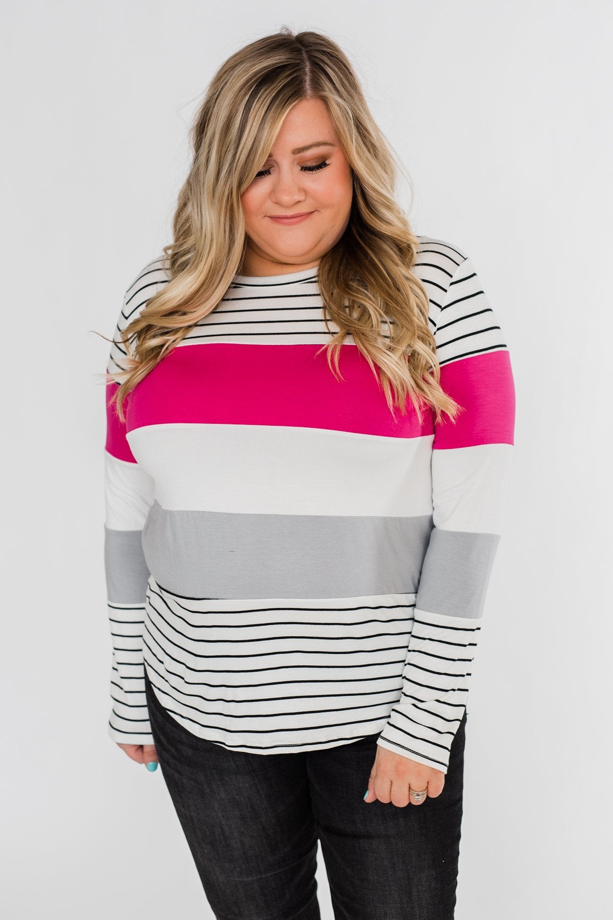 Take It Easy Striped Color Block Top- Fuchsia & Silver