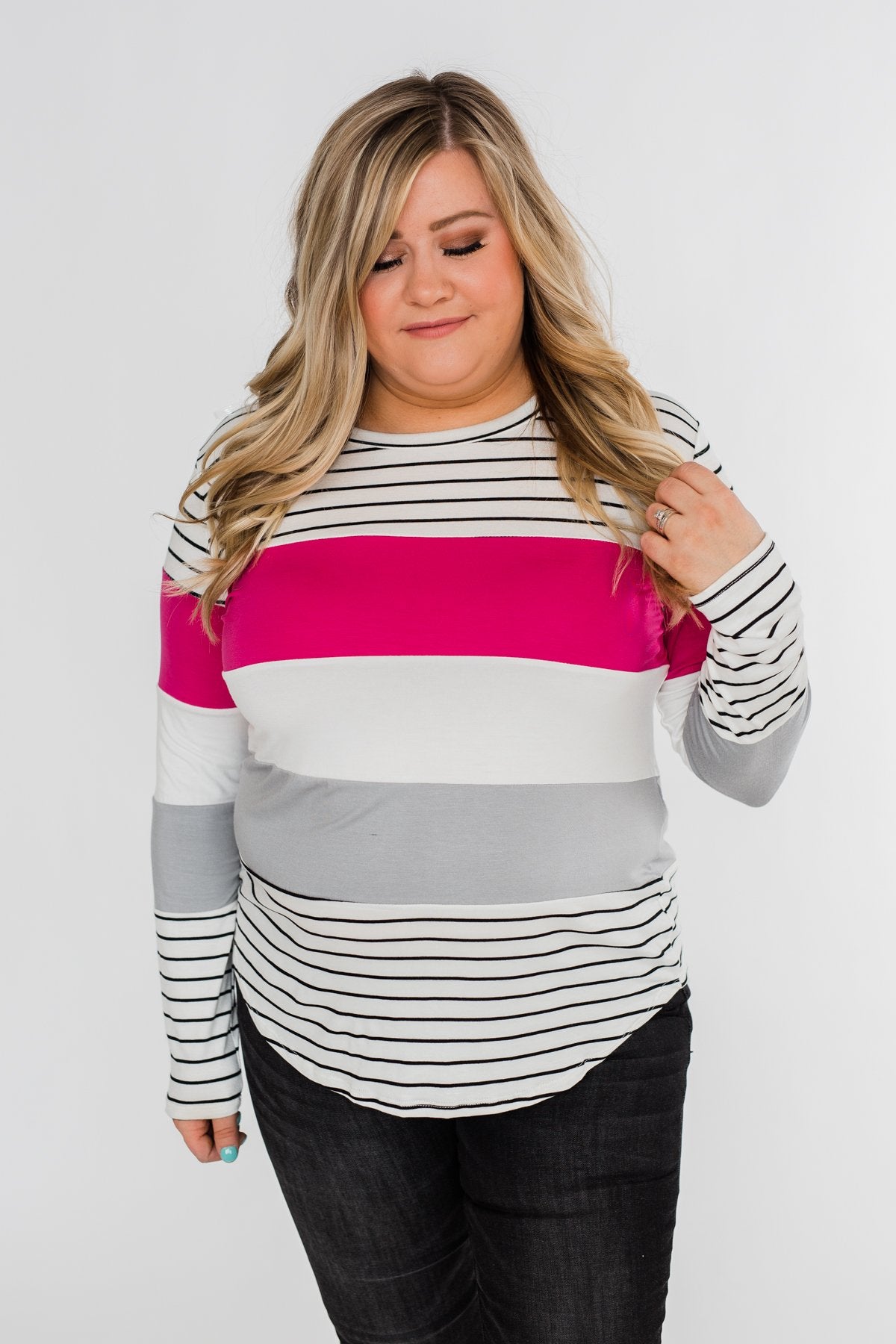 Take It Easy Striped Color Block Top- Fuchsia & Silver