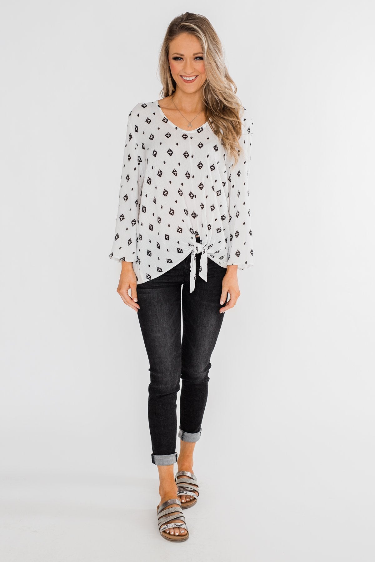Something About You Printed Tie Blouse- White