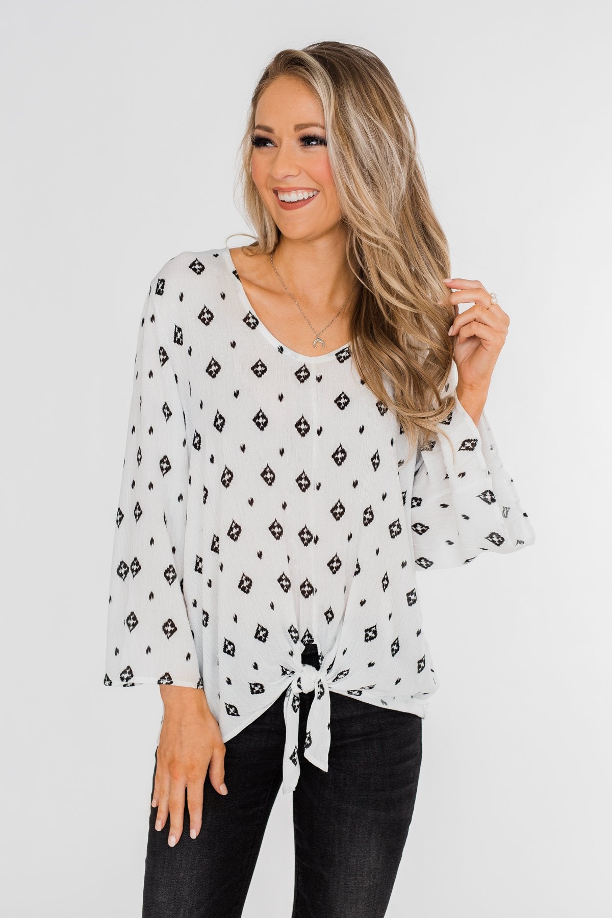 Something About You Printed Tie Blouse- White