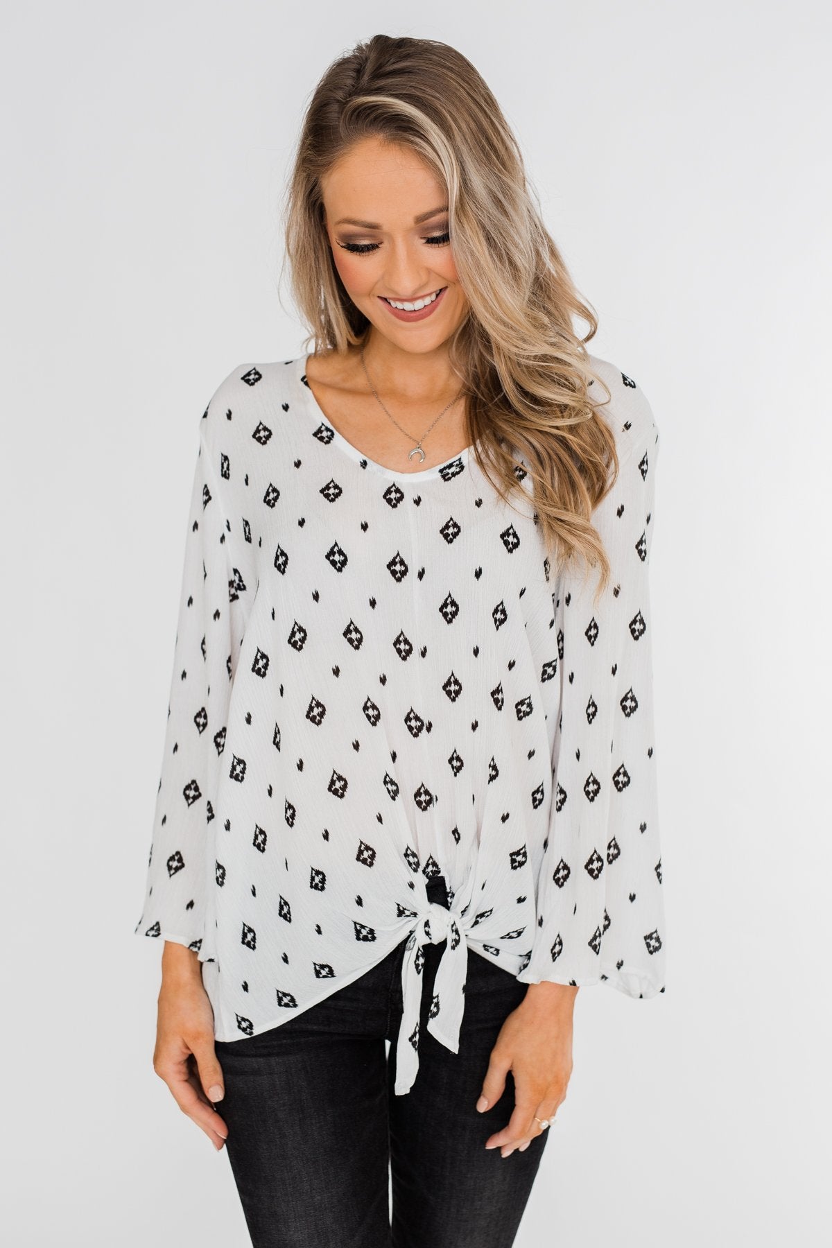 Something About You Printed Tie Blouse- White