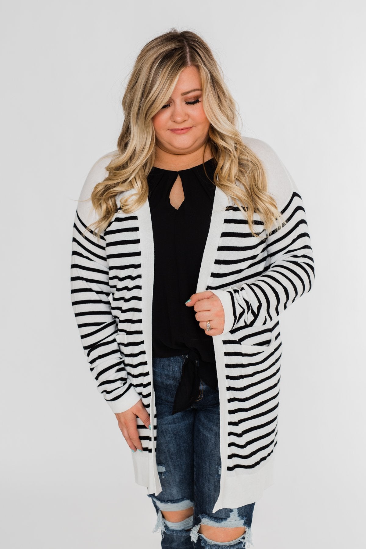 Long Striped Cardigan- Off White & Black