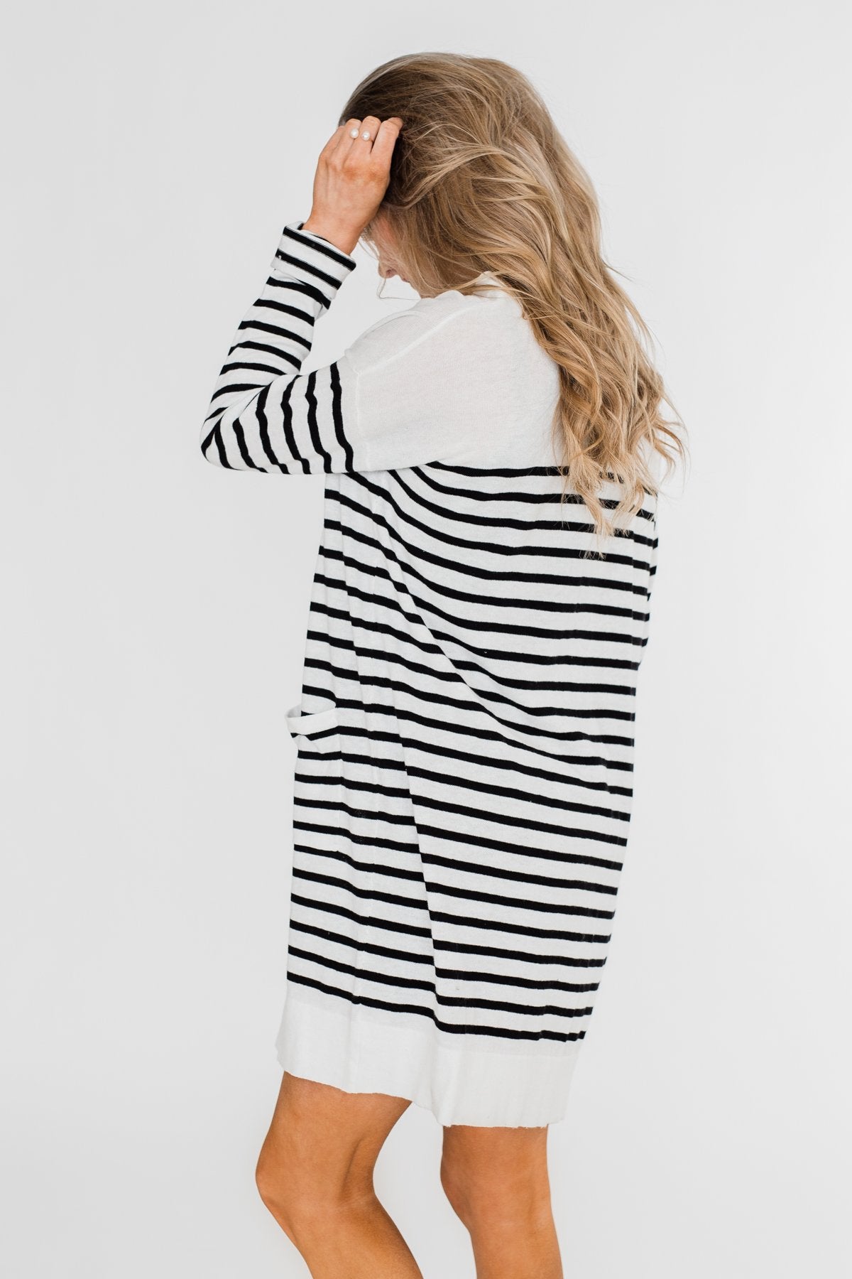 Long Striped Cardigan- Off White & Black