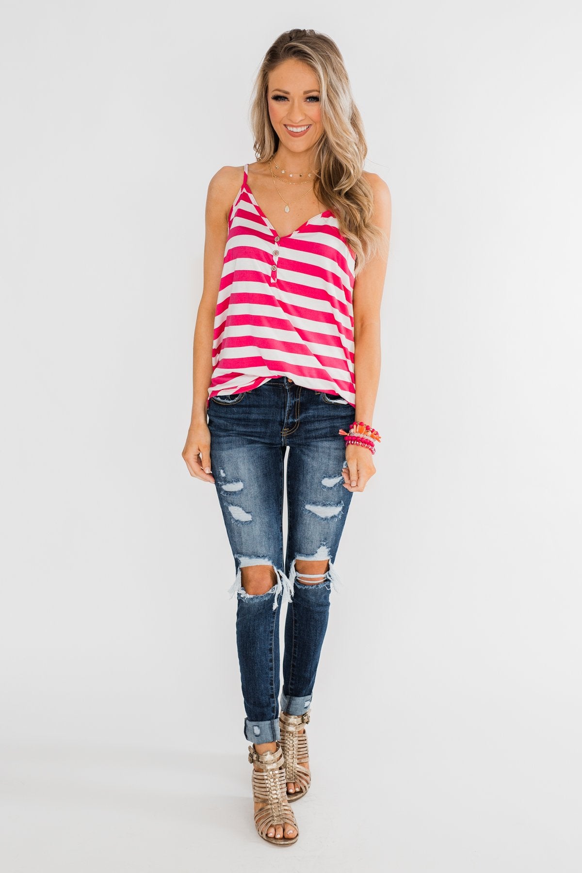 Give It To Me Striped Tank Top- Hot Pink