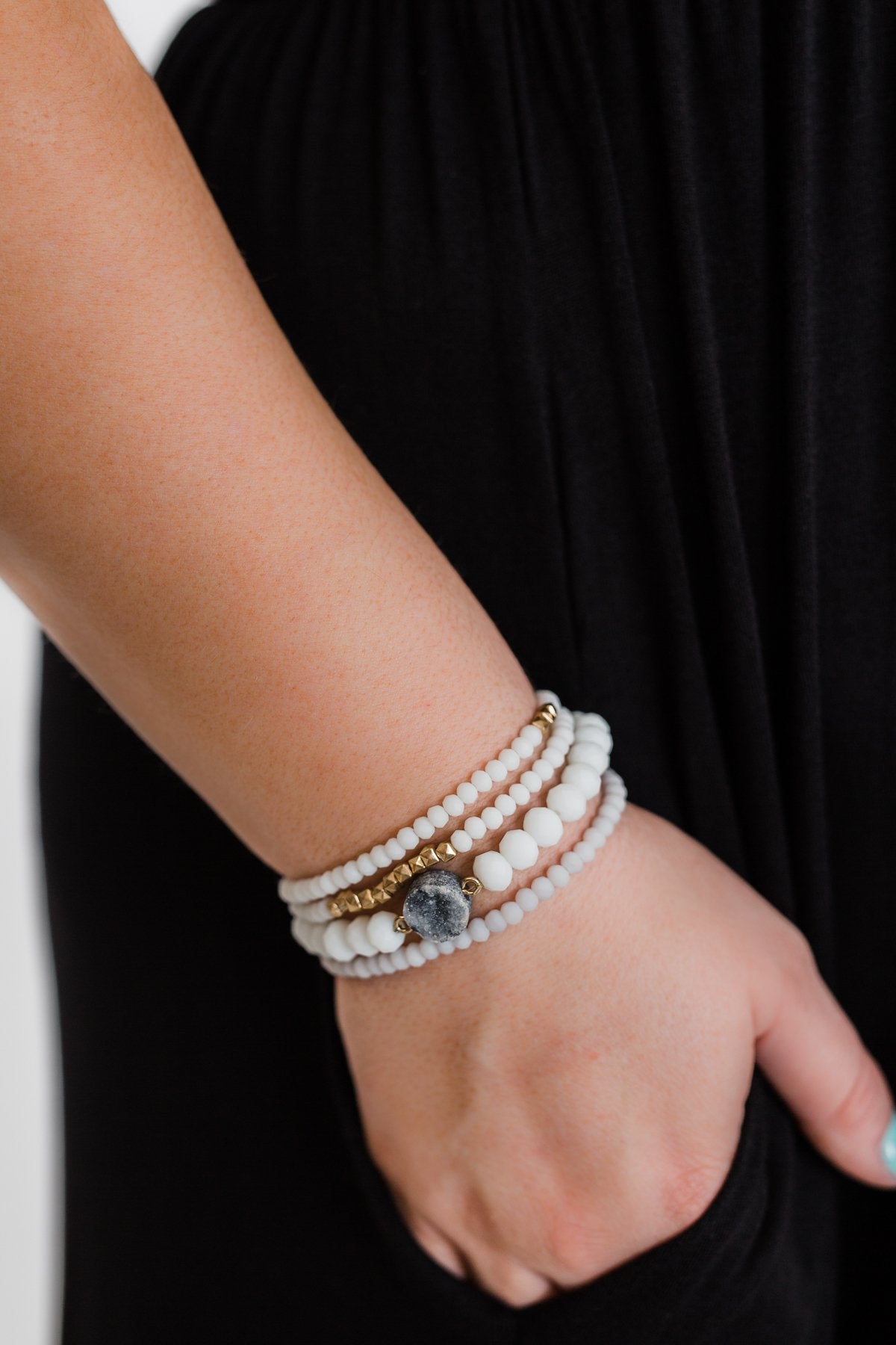 Natural Charcoal Stone Bracelet Set- White