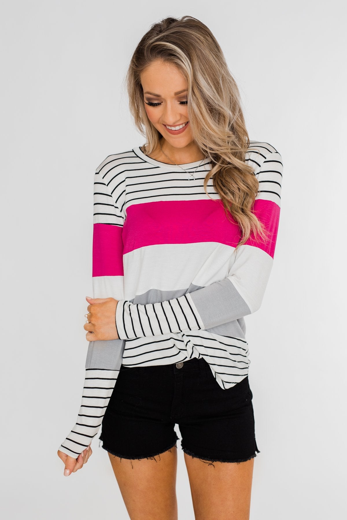 Take It Easy Striped Color Block Top- Fuchsia & Silver