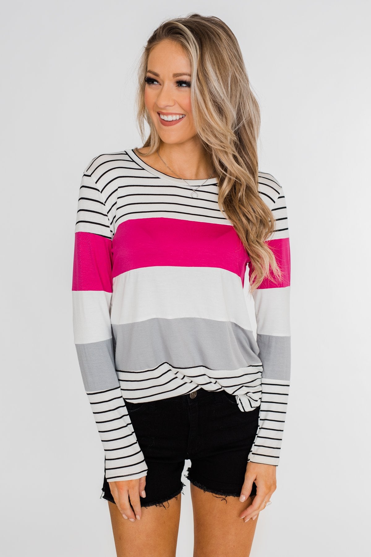 Take It Easy Striped Color Block Top- Fuchsia & Silver