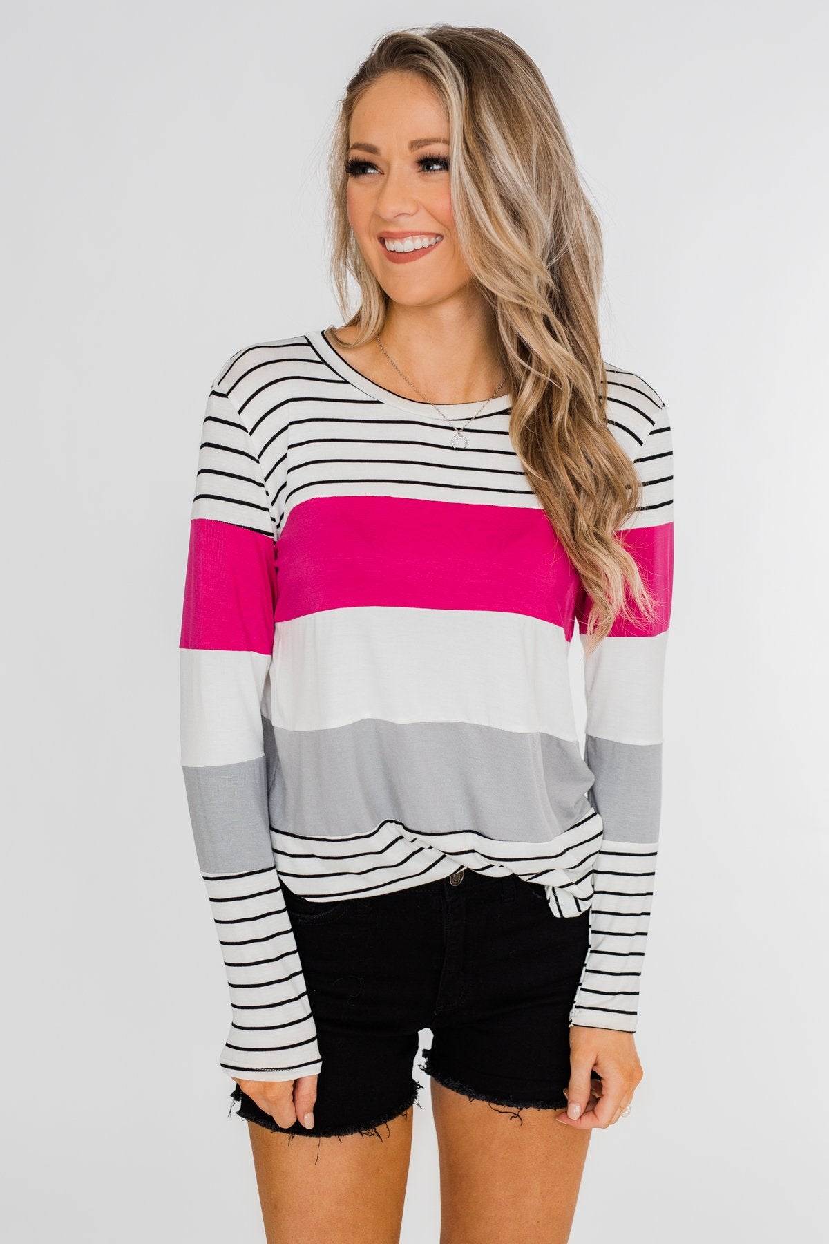 Take It Easy Striped Color Block Top- Fuchsia & Silver