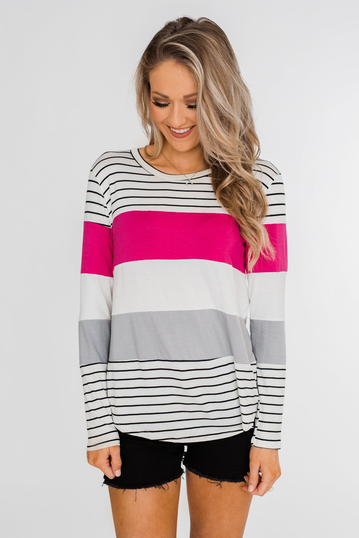 Take It Easy Striped Color Block Top- Fuchsia & Silver
