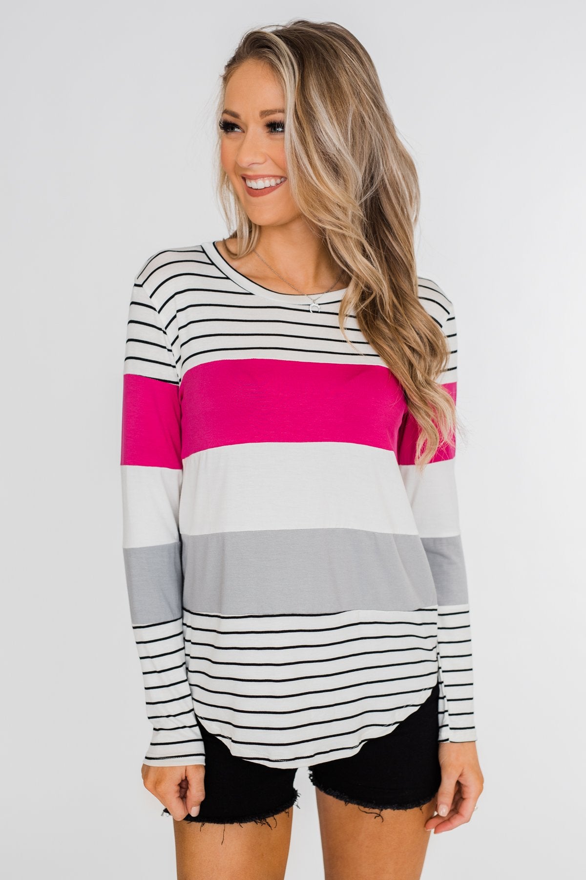 Take It Easy Striped Color Block Top- Fuchsia & Silver