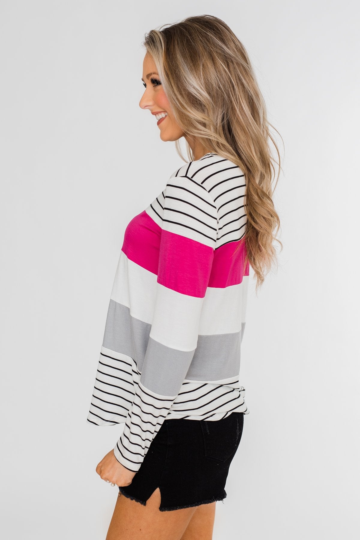 Take It Easy Striped Color Block Top- Fuchsia & Silver