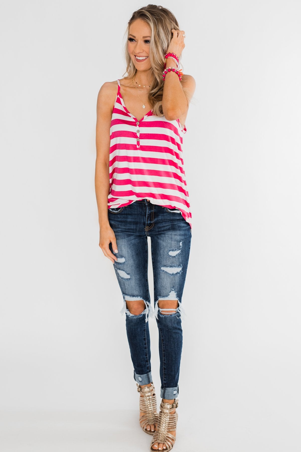 Give It To Me Striped Tank Top- Hot Pink