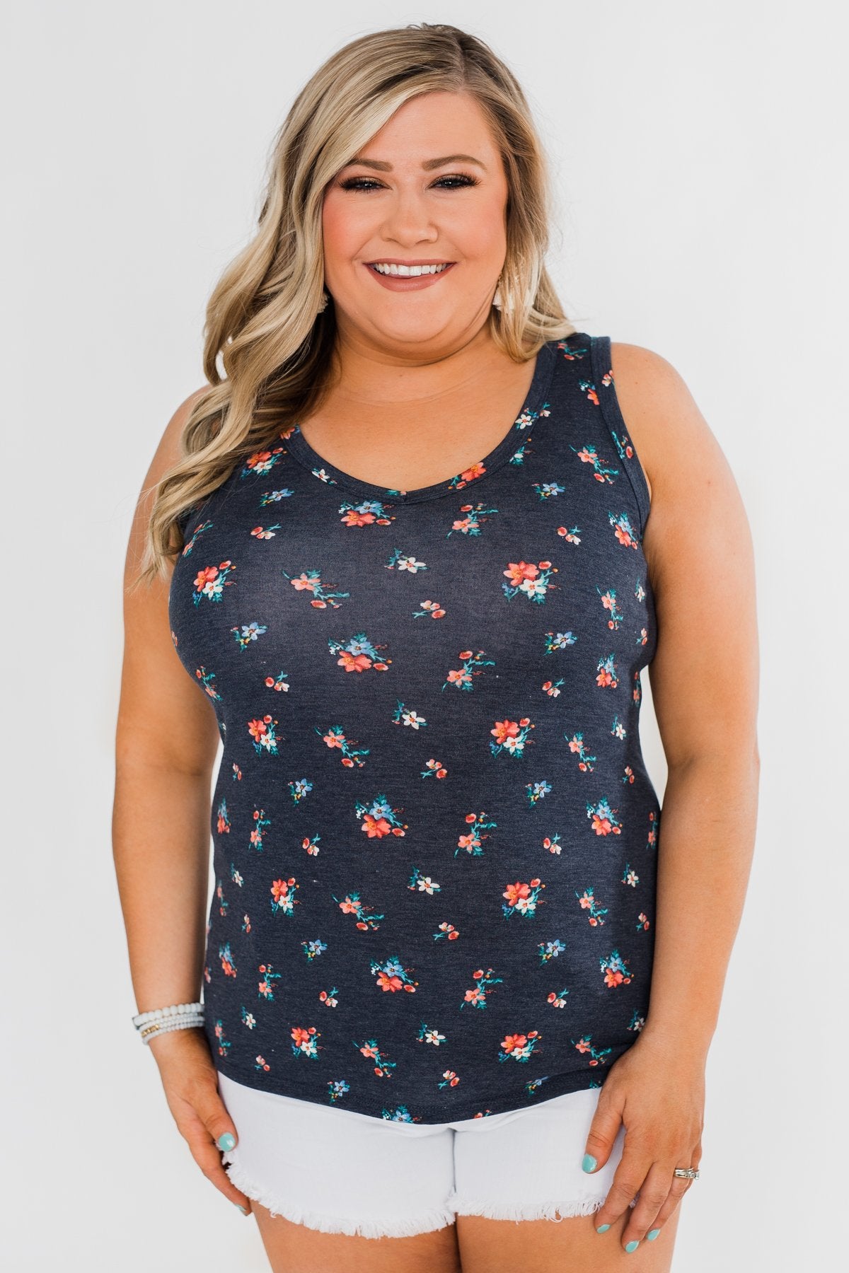 Darling Floral V-Neck Tank Top- Navy