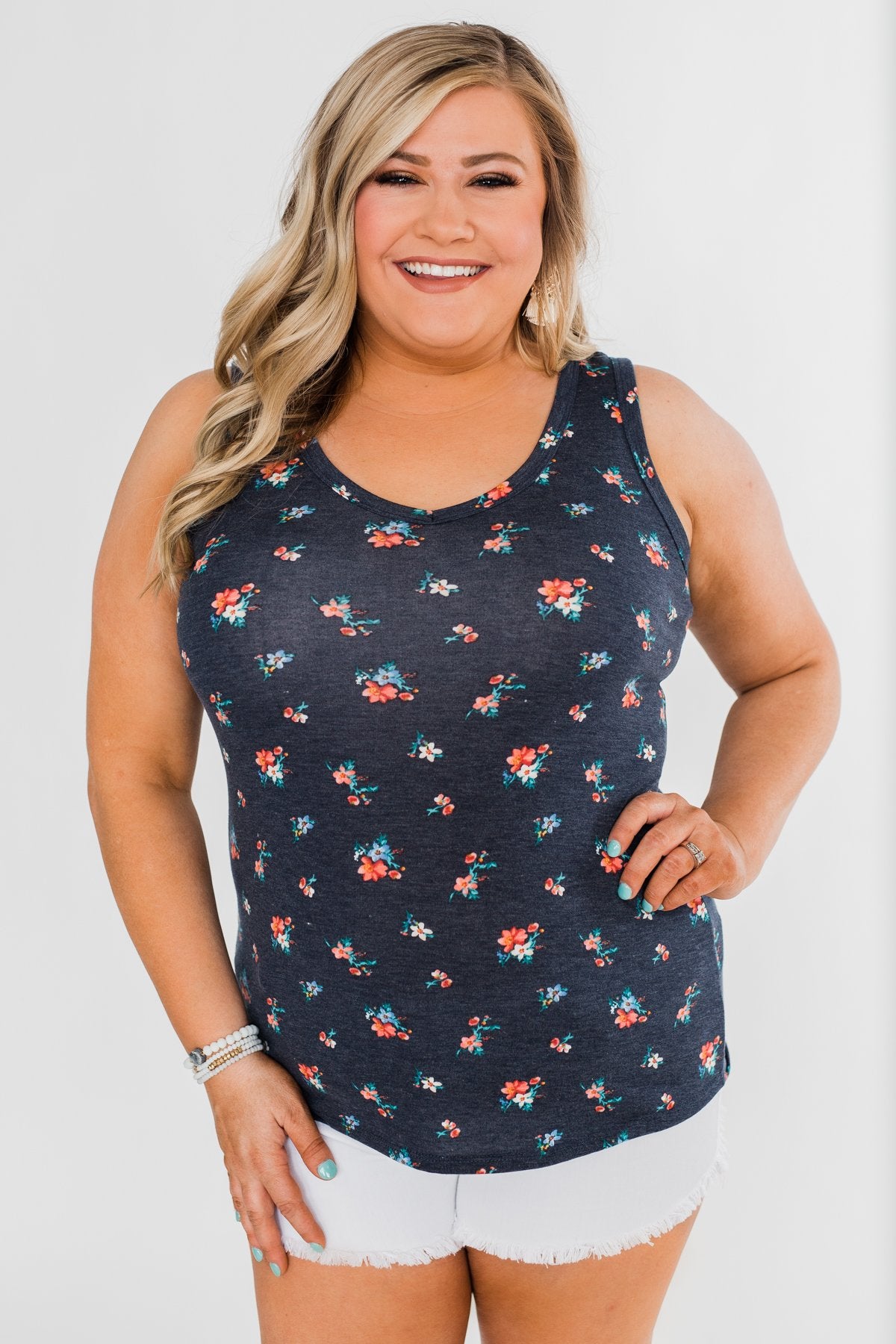 Darling Floral V-Neck Tank Top- Navy