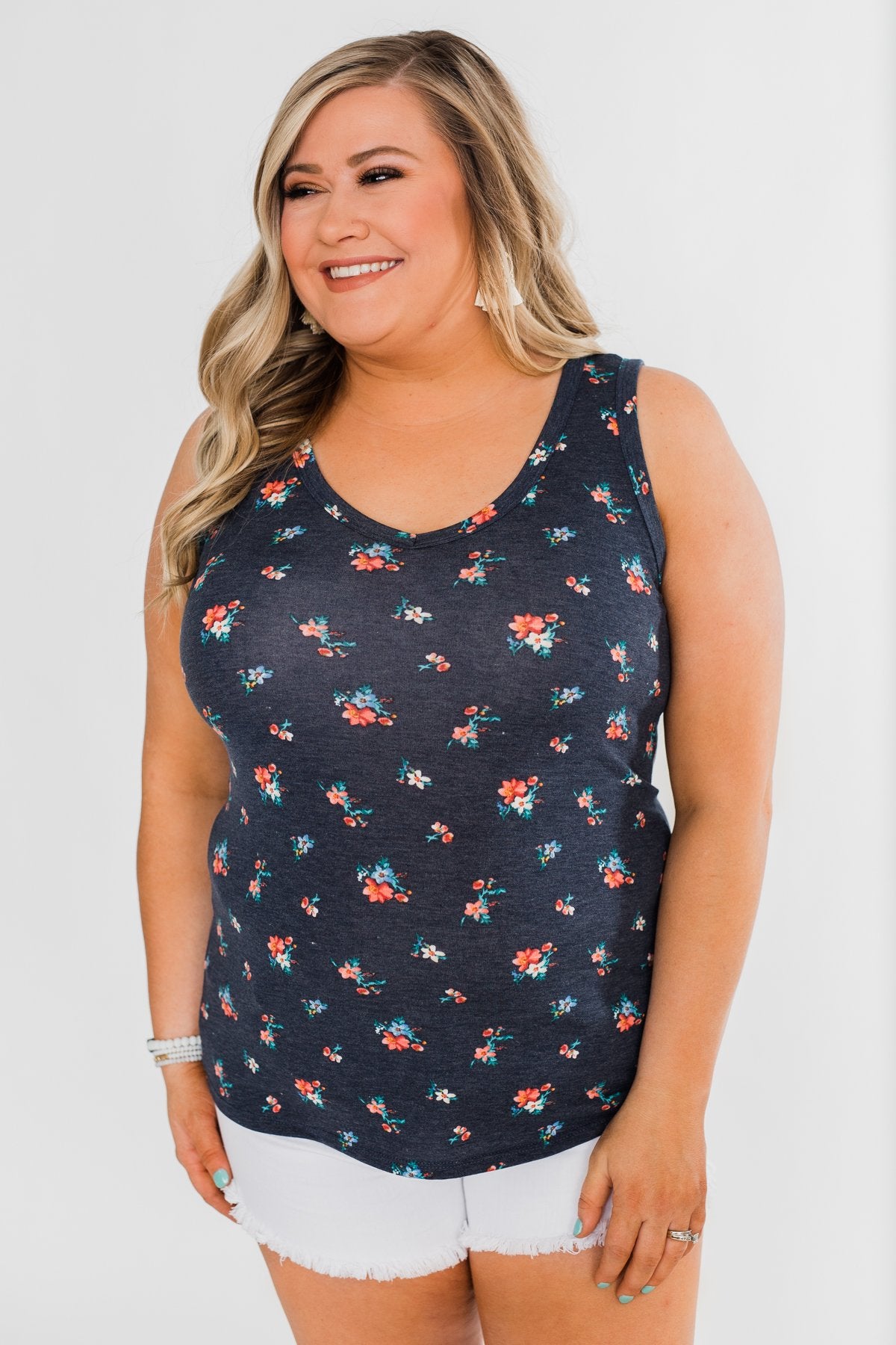 Darling Floral V-Neck Tank Top- Navy