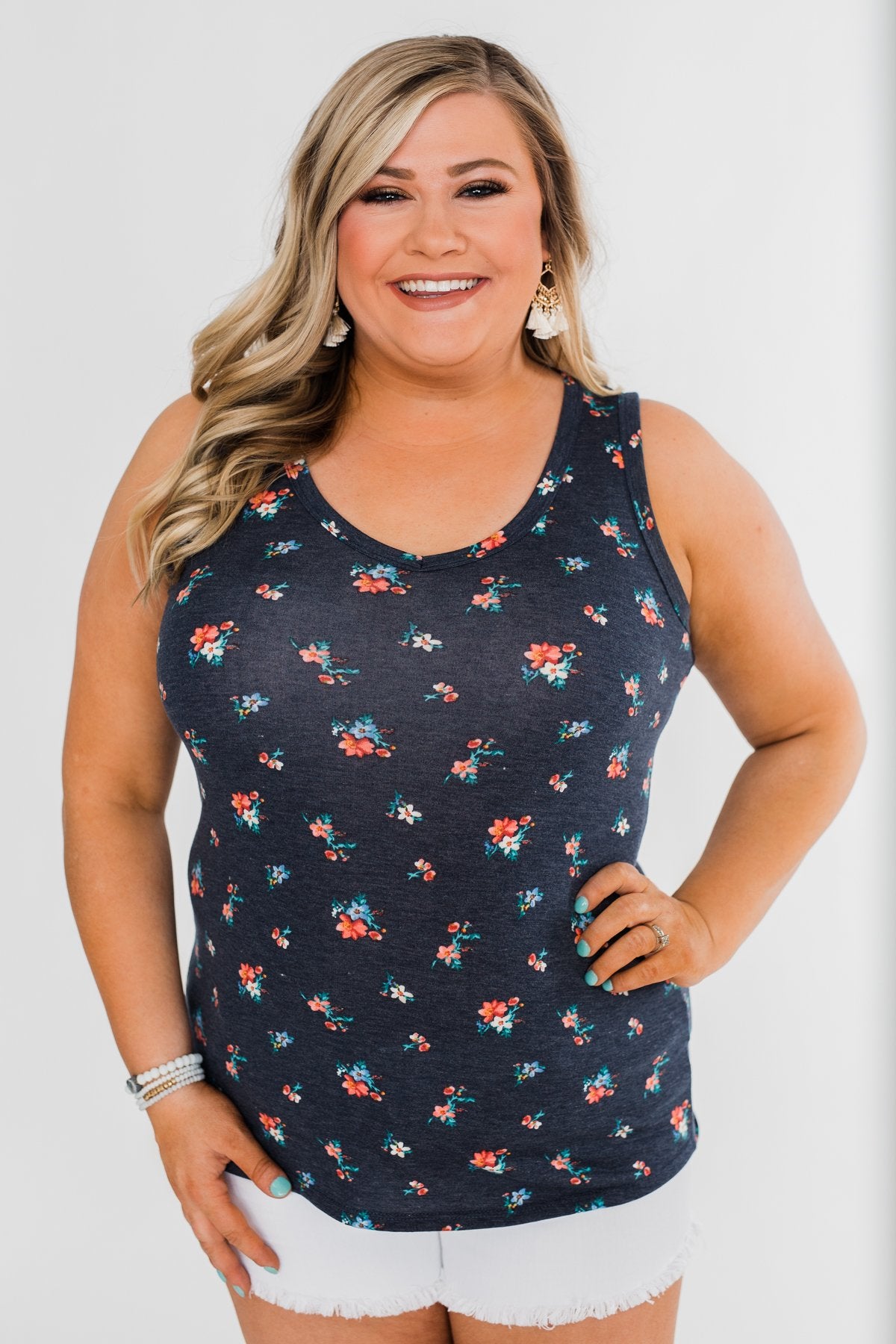 Darling Floral V-Neck Tank Top- Navy