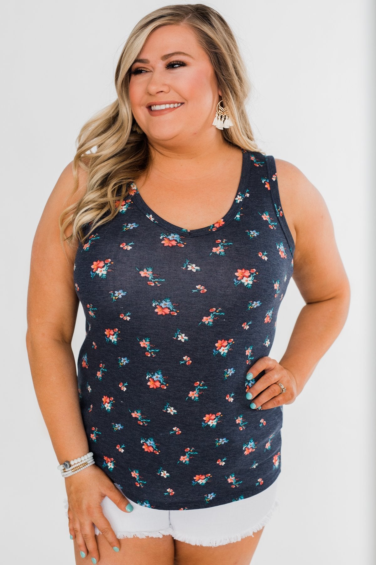 Darling Floral V-Neck Tank Top- Navy